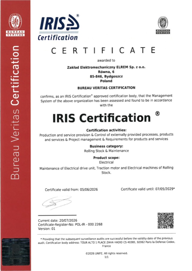 Certyfikat IRIS Certification® wydany dla Zakładu Elektromechanicznego ELREM Sp. z o.o. przez Bureau Veritas